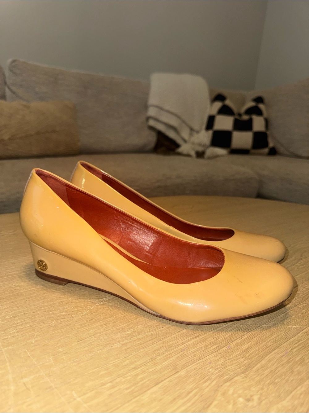 Tory Burch Nude Patent Round Toe Wedges